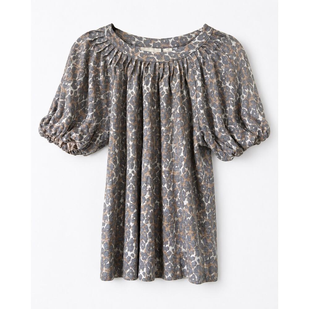 Maeve by Anthropologie Linen Leopard Puff Sleeve Blouse Small Coastal Boho